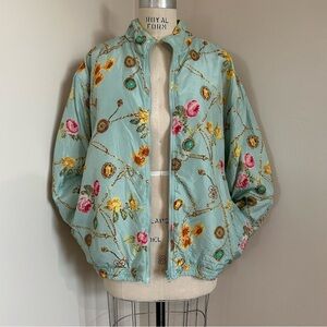 VTG 80s Avon Silk Bomber Oversized Jacket Aqua Teal Floral Chain Sz M